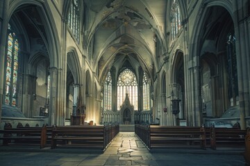 Fototapeta premium Sunlight streaming through stained glass windows illuminating an empty church interior