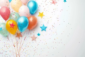 Holiday celebration frame or background with colorful balloons and confetti. Birthday or party greeting card, Space for text