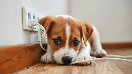Curious Puppy Chewing on Electrical Cord,Highlighting Risk of Electric Shock