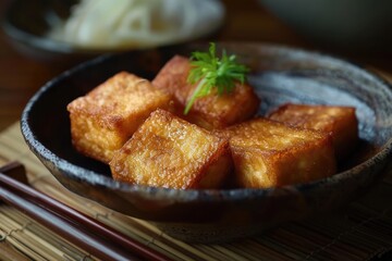 Crispy Fried Tofu Cubes in a Bowl