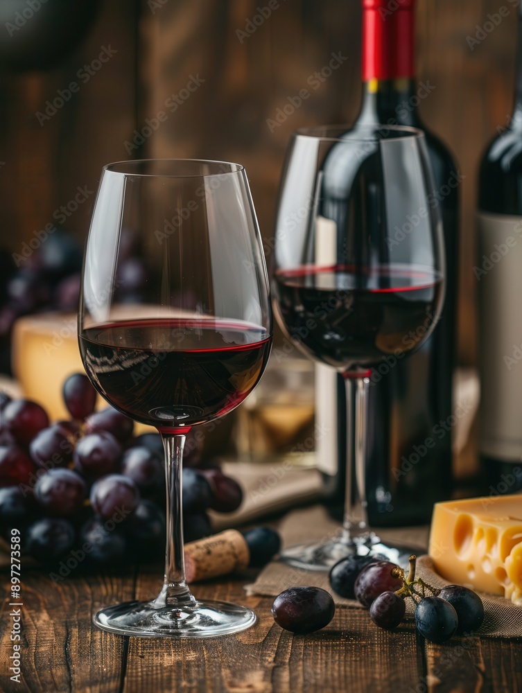 Poster two glasses of red wine on a wooden table, accompanied by grapes and a block of cheese. generative a