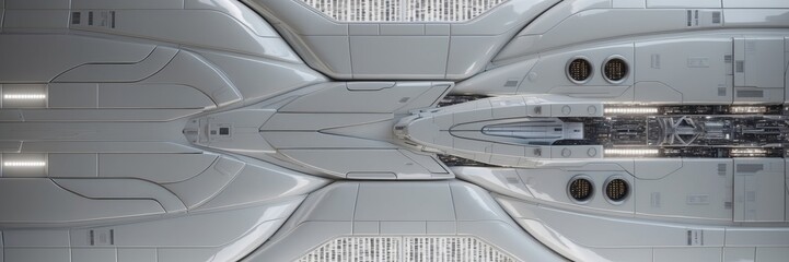 Close-up view of a spaceship's hull, revealing the exposed engine components and structural panels