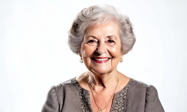 Group portrait video of a satisfied woman in her 80s that is placed against a white background
