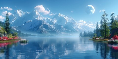 Serene Mountain Lake Landscape with Majestic Peaks and Reflected Sky