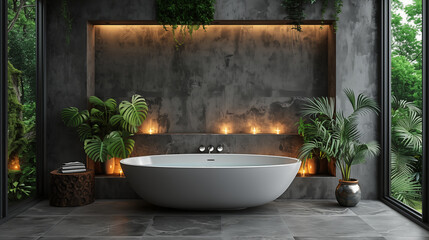 Moody concrete bathroom with white oval bathtub, candlelight, and tropical plants. Concept of industrial chic design, urban jungle aesthetics, and spa-like relaxation.