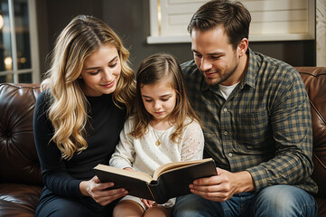 Christian family spending time in prayer and Bible reading.