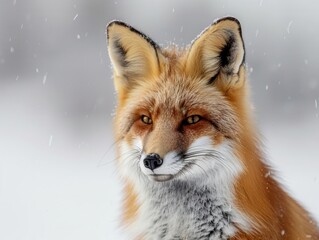 Fototapeta premium Close-up of a red fox in a snowy landscape. Isolated white background. Detailed fur. Winter scene. Natural wildlife photography. Serene atmosphere.