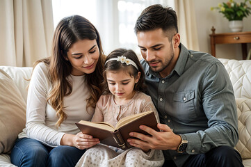 Christian family spending time in prayer and Bible reading. 
