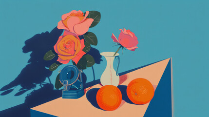 an orange next to a vase with roses and a vintage Vinyl record player arranged on a geometric shape, blue background, illustration artwork