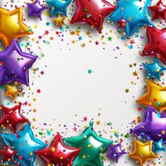 Holiday celebration frame or background with colorful balloons and confetti. Birthday or party greeting card, Space for text
