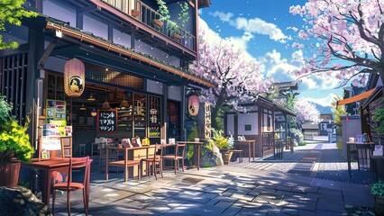 outdoor japan cafe anime style, anime style cartoon
