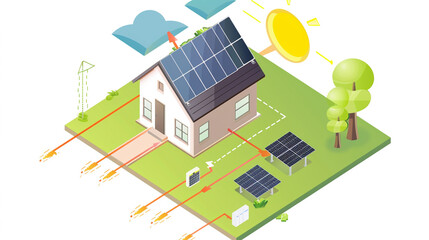 An illustration of a solar energy system featuring solar panels on a building, integrating renewable energy technology into the environment. This image highlights sustainable energy solutions.