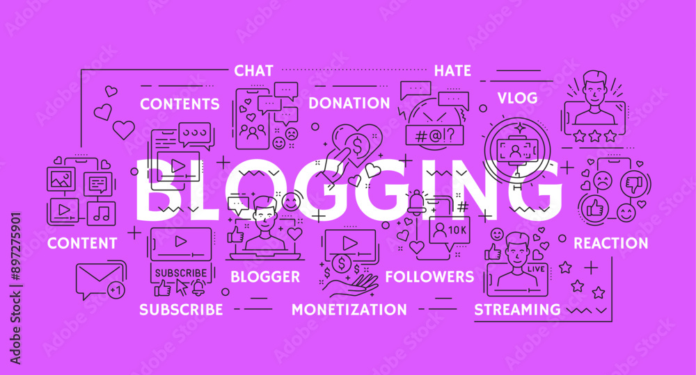 Poster blogging icons. content, social media and multimedia blogs, vector digital marketing and internet te