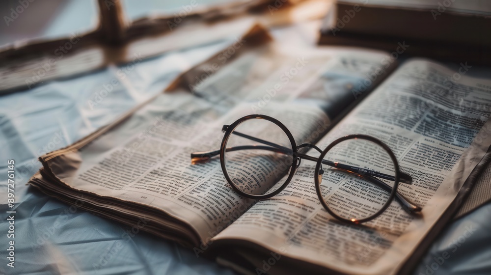 Fototapete a pair of round eyeglasses rest on an open book with a minimalist background. generative ai