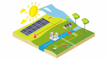 An illustration of a solar energy system featuring solar panels on a building, integrating renewable energy technology into the environment. This image highlights sustainable energy solutions.