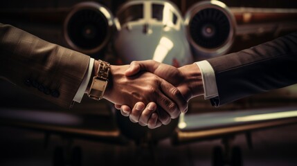 Corporate executives sealing aviation partnership handshake in front of private jet