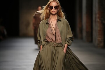 Fashion show, model walks on a runway wearing stylish autumn season clothes and sunglasses, Mocha Mousse, color of year 2025