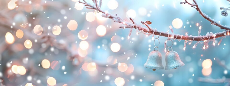 Horizontal image, macro view, Christmas lights and silver bells blue background. Copy space for text, For banner, design, winter, Christmas, new year, celebration, blog, cover, thumbnail
