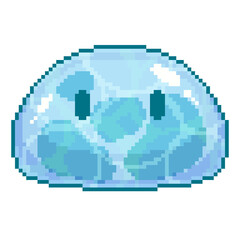 Pixel Blue Slime with a soft, rounded shape and a shimmering, translucent texture. The slime's glossy surface and highlights add depth and dimension, making it a standout character in any retro game.