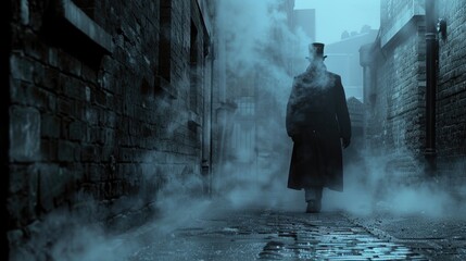 A gentleman wearing a top hat and coat walks along a city street