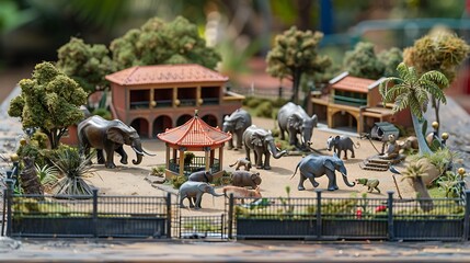 Miniature zoo set with tiny animal enclosures 