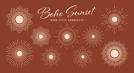 Vintage sunburst, sunset beams collection. Boho style, modern minimalist bohemian design. Hand drawn bursting sun, light rays. Logotype or lettering design element in retro style. Vector illustration