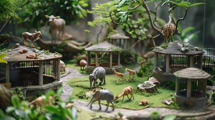 Obraz premium Miniature zoo set with tiny animal enclosures 