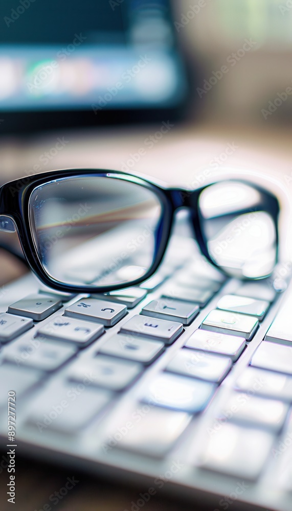 Leinwandbilder black eyeglasses are resting on a white computer keyboard. generative ai