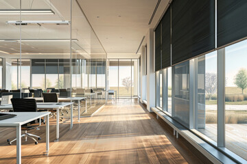 Chair, empty and property in office, window and business with furniture in room, desk and glass building. Corporate, workspace and company with table, floor and wood for detail, minimal and USA