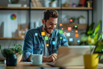 Modern Brand Manager at Vibrant Office Desk with Social Media Tools in Focus