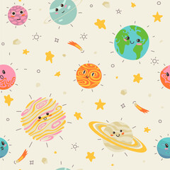 Cute childish planets and stars of solar system seamless pattern. Funny astronomical objects with orbits vector flat illustration. Cartoon universe with adorable cosmic celestial body