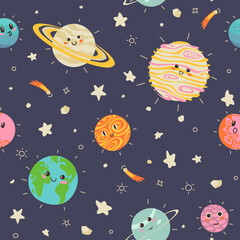 Cute childish planets and stars of solar system seamless pattern. Funny astronomical objects with orbits vector flat illustration. Cartoon universe with adorable cosmic celestial body