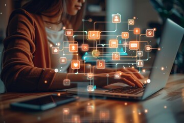 Digital Brand Manager Engaging in Social Media Management on Laptop with Realistic Depth of Field and Vibrant Colors