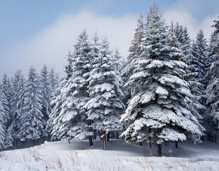 The pine trees are covered in snow. Snowfall. Winter is coming. 
