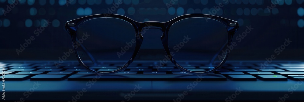 Aufkleber a pair of black eyeglasses rests on the keyboard of a laptop, with a blurred blue background. genera