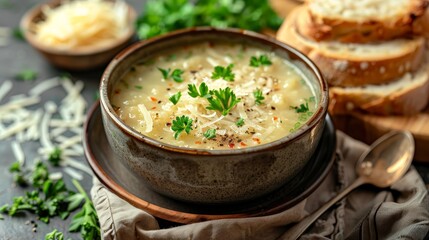 A hearty meal of soup and bread on a rustic table