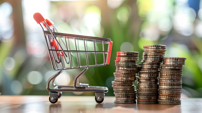 Increasing trend graph of sale volume with bigger shopping trolley cart on coins stacking for online sale business and ecommerce growth concept.