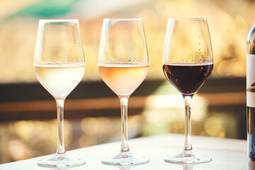 Vineyard, glasses and selection of wine for tasting at outdoor social event with luxury drinks. Winery, bottle and choice for alcohol beverage or liquor in nature at farm in countryside at party.