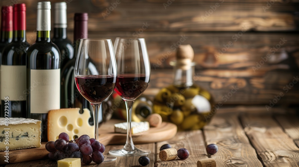 Poster wine glasses filled with red wine, bottles of wine, and cheese on a rustic wooden table in a cozy se