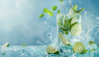 Mojito with splash and drops. Cocktail or mocktail with lime, mint, and ice in glass on blue background. Summer cold alcoholic non-alcoholic drink, beverage and cocktail. Copy space