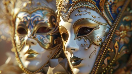 Two people wear masks in a close-up shot