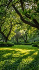 Obraz premium A row of sprinklers waters a lush green lawn in a tropical setting, with tall palm trees lining the edge of the property