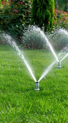 A row of sprinklers waters a lush green lawn in a tropical setting, with tall palm trees lining the edge of the property