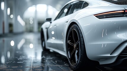 a close-up view of the front portion of a white car, focusing on its sleek black alloy wheel and tire.