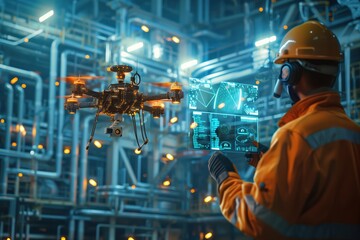 Engineers working on an oil platform with futuristic drones Holographic displays in use Sci-Fi Metallic colors 3D Art highlighting advanced technology, no text, no trademark, no logo