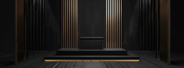 Stage dark platform wave display with 3D golden product line podium backdrop. Black gold theme luxury pedestal presentation showcase for event beauty cosmetics sale.