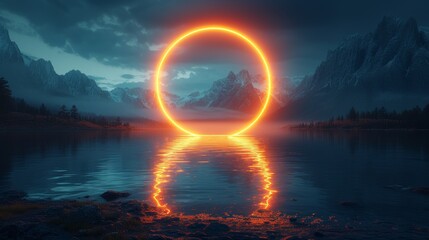 Mysterious neon ring over a mountain lake at dusk, surreal landscape. Sci-fi concept