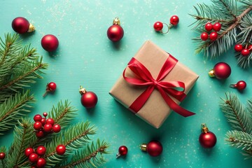 Christmas background with gift box and classic decorations. Fir branches, red balls, and jingle bells