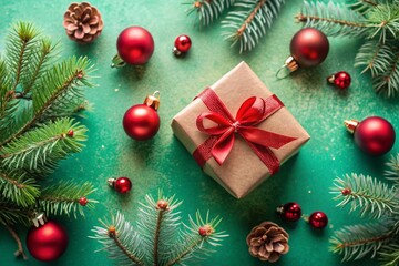 Christmas background with gift box and classic decorations. Fir branches, red balls, and jingle bells