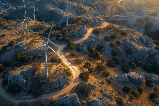 Wind turbines scattered across a rocky terrain seen from above Realistic Sharp contrast HDR Photography showcasing renewable energy in rugged landscapes, no text, no trademark, no logo